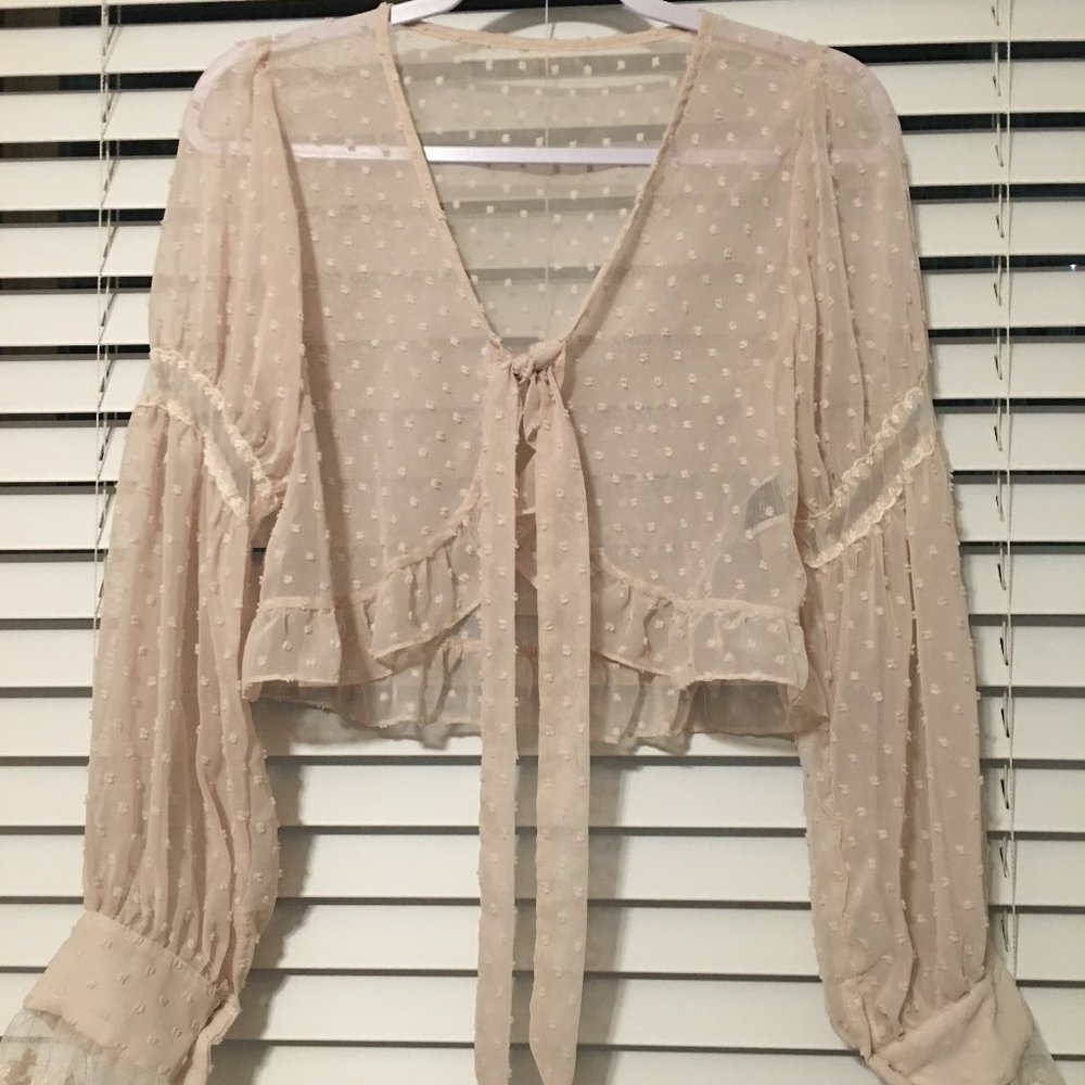 SHEIN DAZY Swiss Dot Flounce Sleeve Tie Front Ruffle Trim Blouse